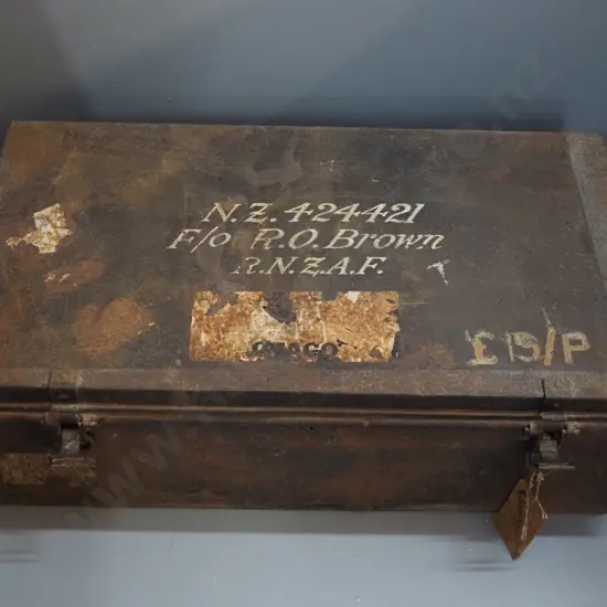 metal trunk / foot locker - marked RO Brown RNZAF - hanging tag marked Oamaru - some damage / corrosion H250 W800 D440