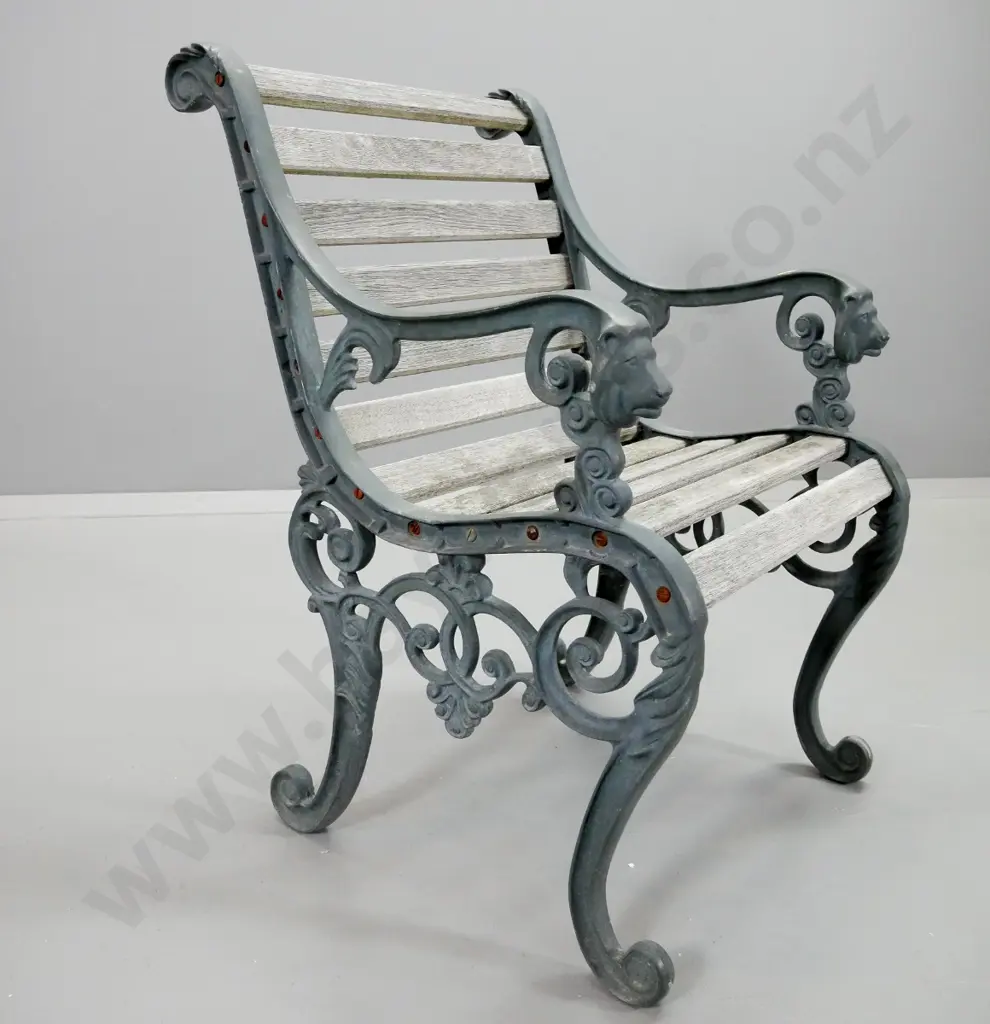 4-piece Victorian style outdoor setting with bench, 2 chairs & low table, cast iron lion head ends. Some wobbling - aged Image 1++