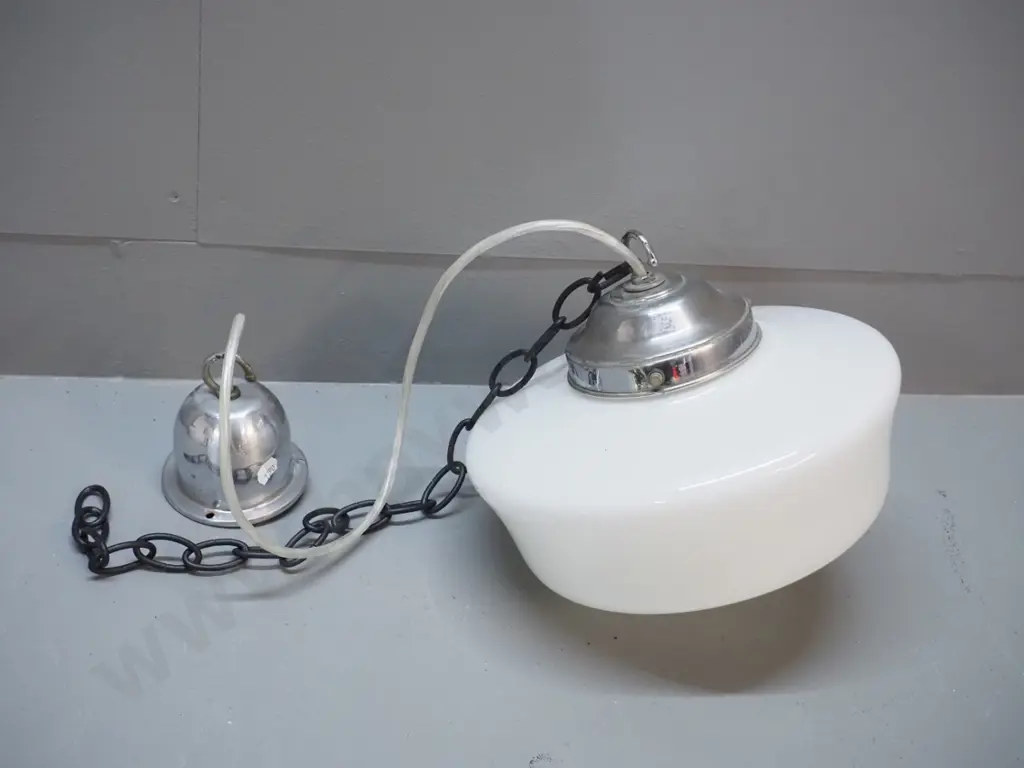 deco milk glass ceiling light fitting with chrome journal and rose, chain H230 D-260 Image 1++