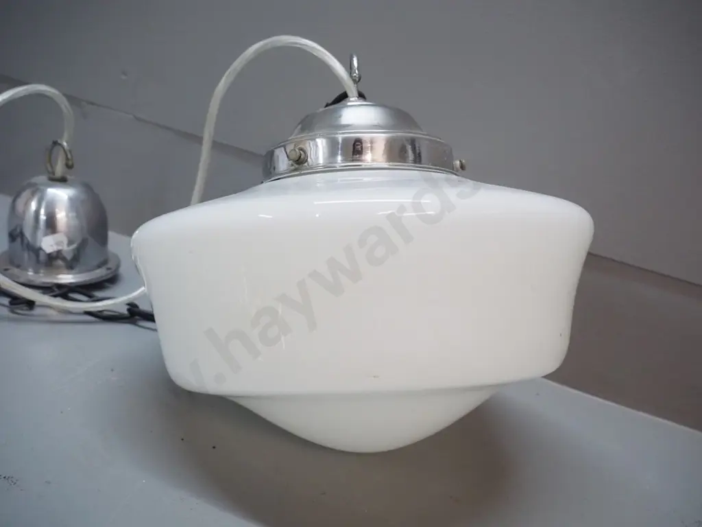 deco milk glass ceiling light fitting with chrome journal and rose, chain H230 D-260 Image 1++