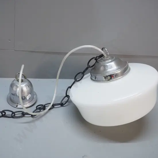 deco milk glass ceiling light fitting with chrome journal and rose, chain H230 D-260
