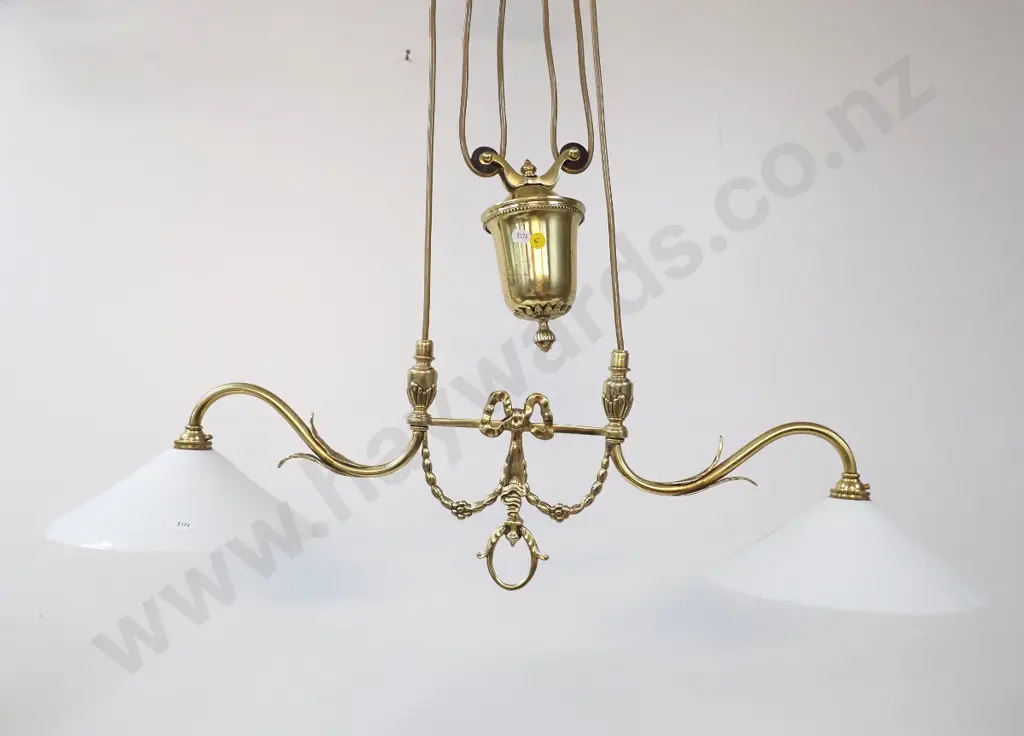 brass 2-bulb rise and fall light fitting with conical milk glass shades - minor dents and wear - W810 including shades Image 1++
