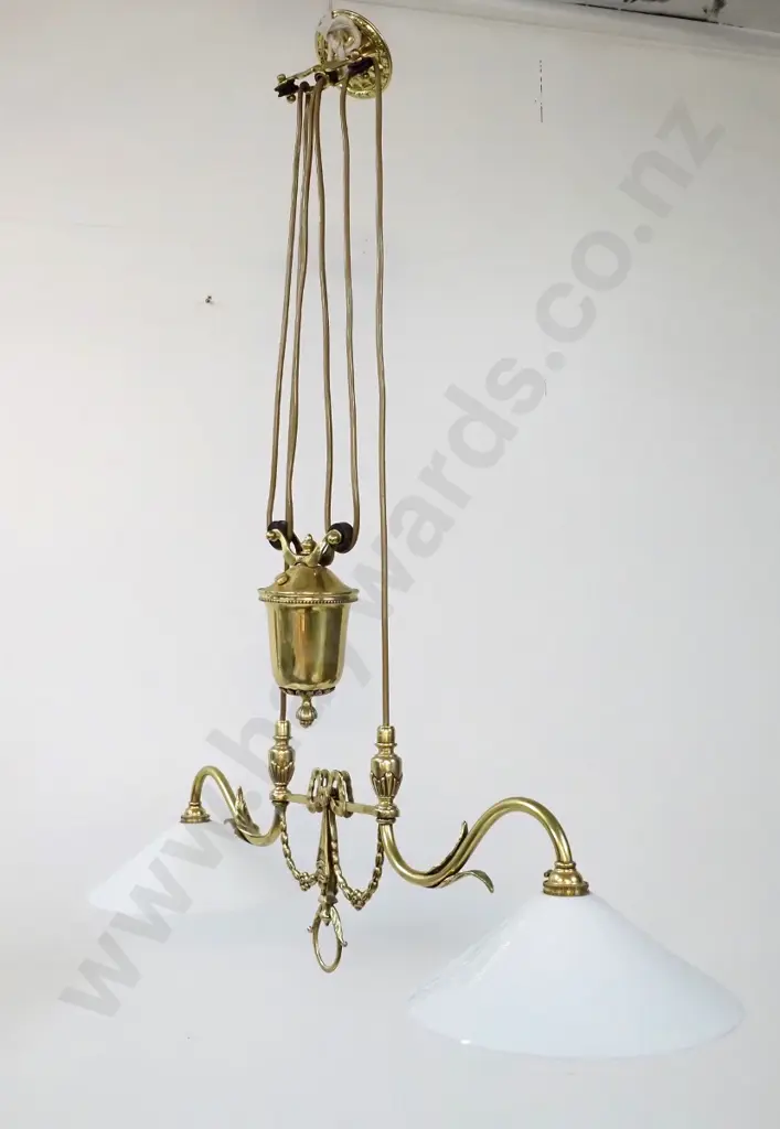 brass 2-bulb rise and fall light fitting with conical milk glass shades - minor dents and wear - W810 including shades Image 1++