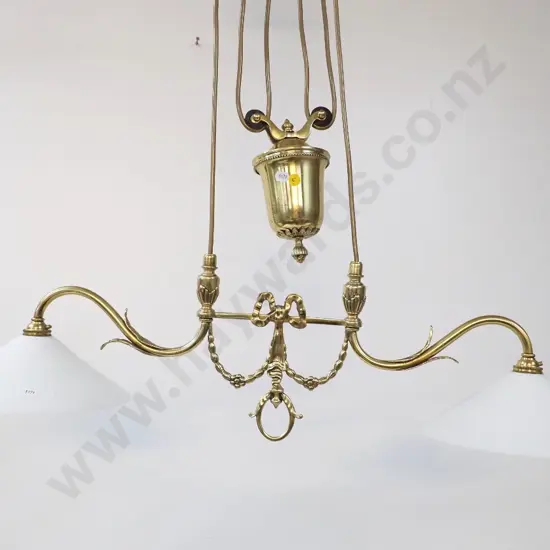 brass 2-bulb rise and fall light fitting with conical milk glass shades - minor dents and wear - W810 including shades