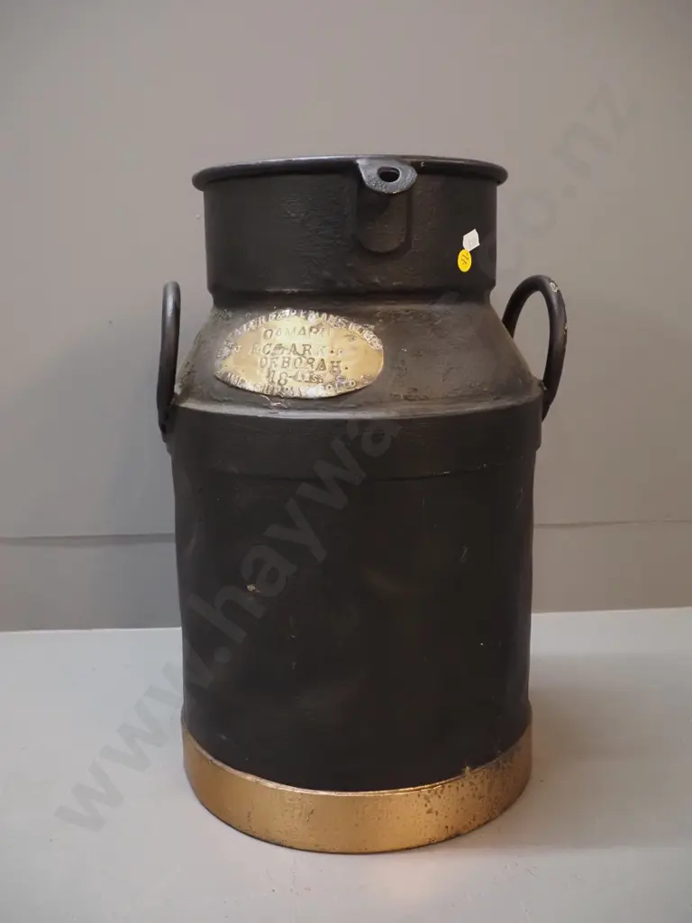 vintage iron milk can w/ brass plate - Taieri & Peninsula Milk Supply Co. Oamaru, F. Clark, Deborah, bottom rusted out Image 1++