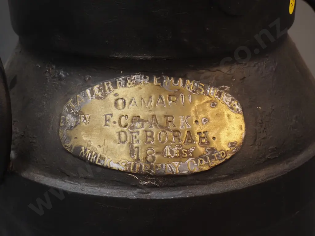 vintage iron milk can w/ brass plate - Taieri & Peninsula Milk Supply Co. Oamaru, F. Clark, Deborah, bottom rusted out Image 1++