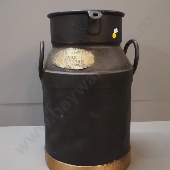 vintage iron milk can w/ brass plate - Taieri & Peninsula Milk Supply Co. Oamaru, F. Clark, Deborah, bottom rusted out
