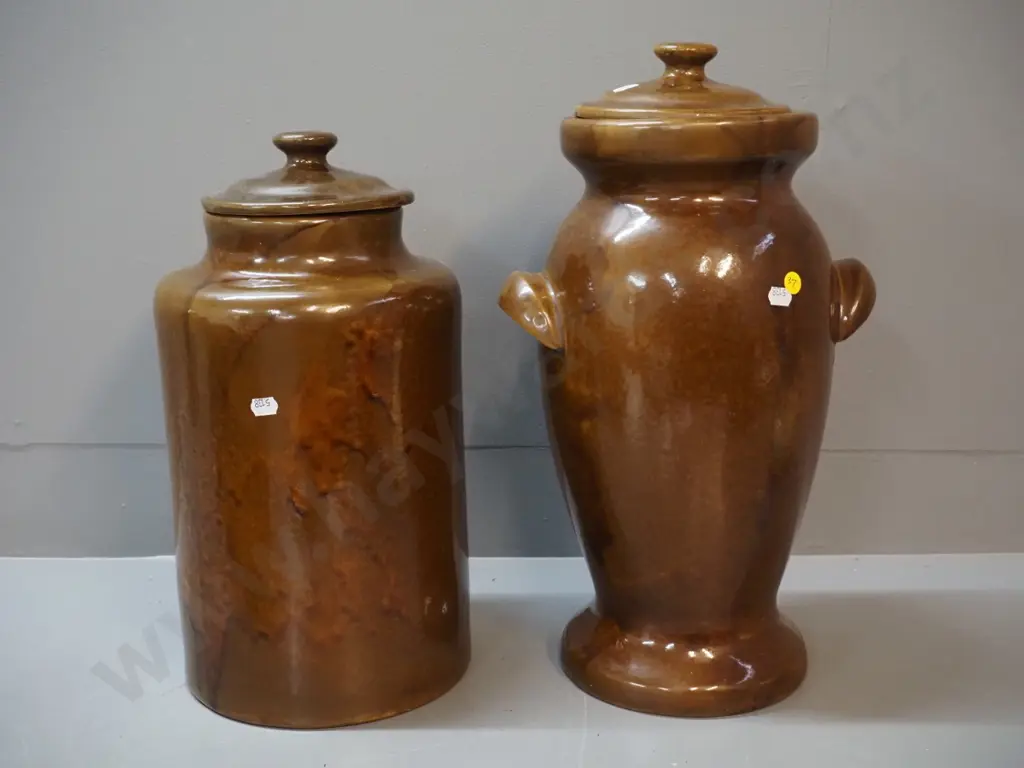 two heavy stoneware lidded containers - wide mouth crock and urn shaped H430, no maker's marks, lids not a perfect fit Image 1++
