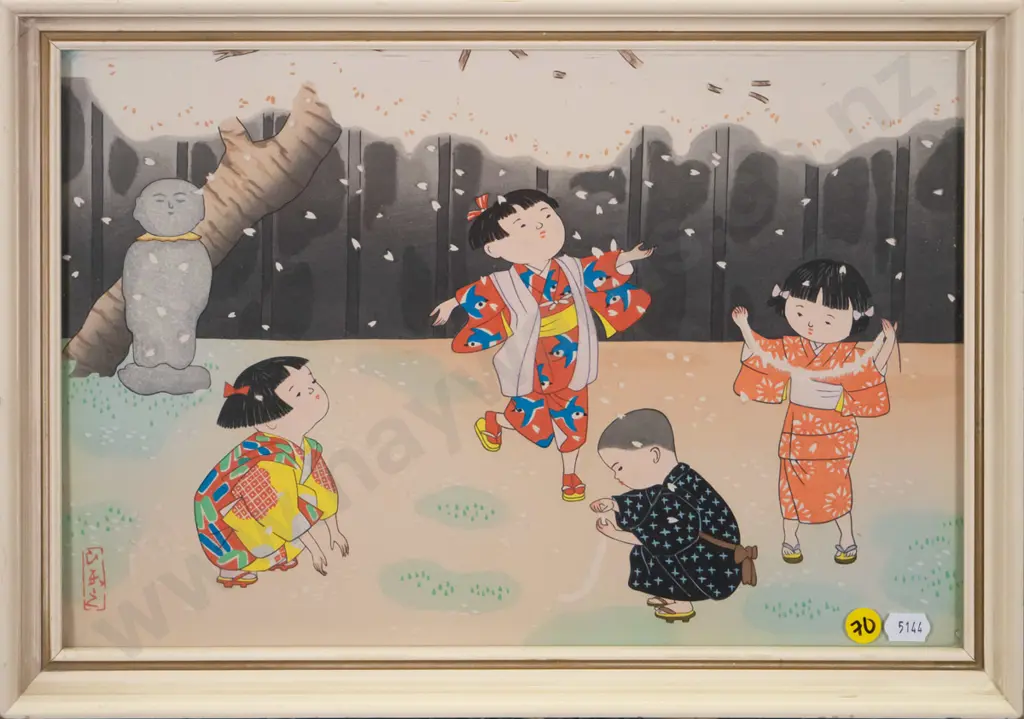 framed Asian print - children playing H-240 W-350 Image 1++