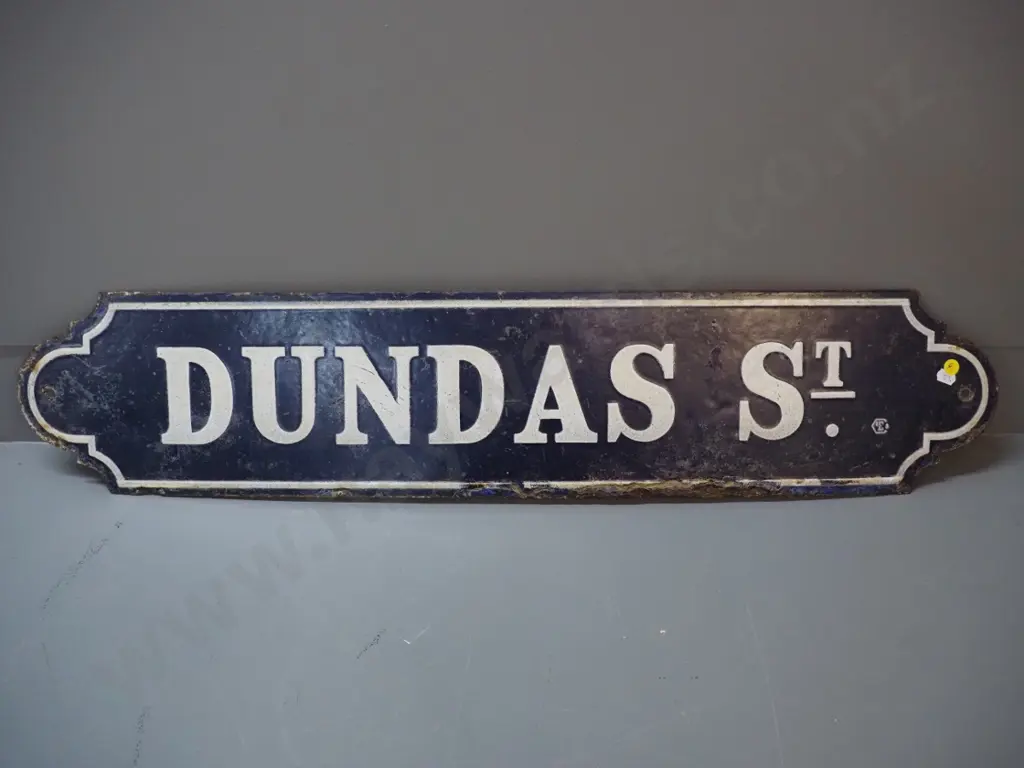 vintage enamel metal street sign - Dundas St. - some enamel loss and surface corrosion H-180 W-860 Image 1++