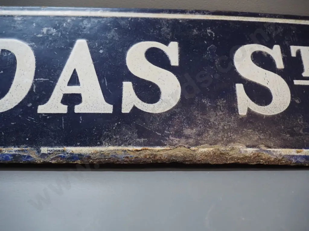 vintage enamel metal street sign - Dundas St. - some enamel loss and surface corrosion H-180 W-860 Image 1++
