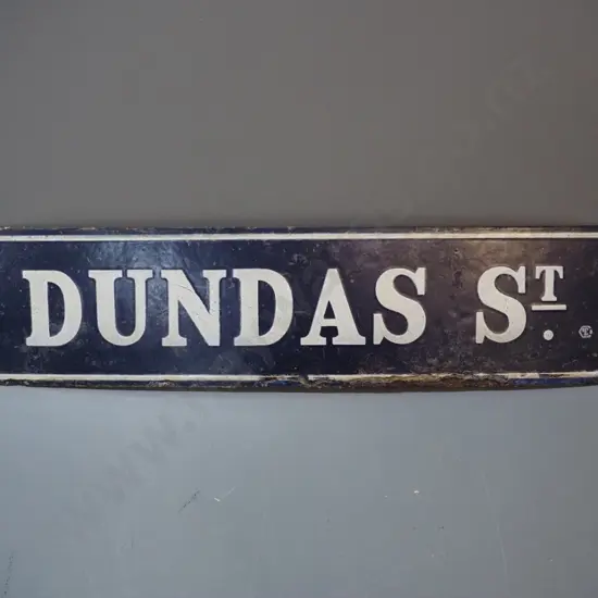 vintage enamel metal street sign - Dundas St. - some enamel loss and surface corrosion H-180 W-860
