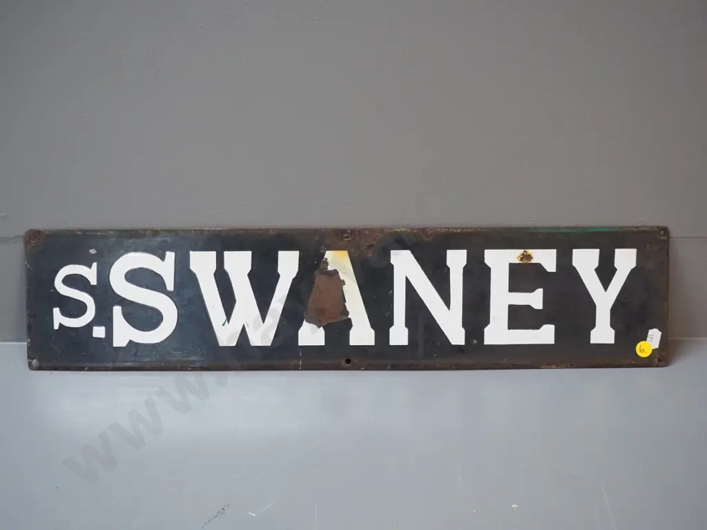 vintage enamel metal sign - "S. Swaney" - some wear to enamel & surface corrosion H-120 W-560 Image 1++