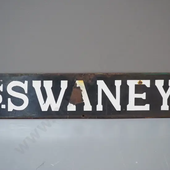 vintage enamel metal sign - "S. Swaney" - some wear to enamel & surface corrosion H-120 W-560