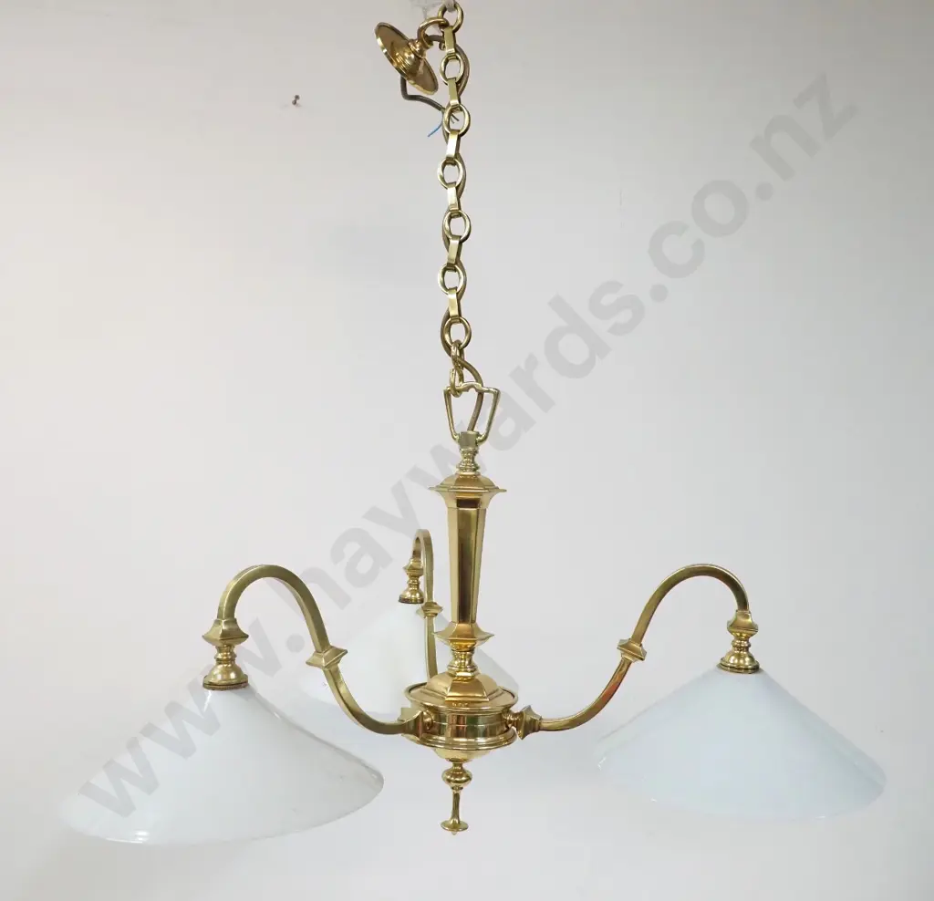 brass ceiling light fitting marked GEC England - 3 bulb with conical milk glass shades, w/chain & ceiling rose H390 W690 Image 1++