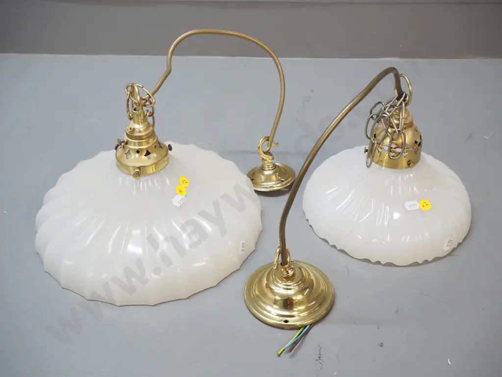 2 brass ceiling light fittings with ribbed opaque glass shades, chains and roses, slighty different, larger is H200 D280 Image 1++
