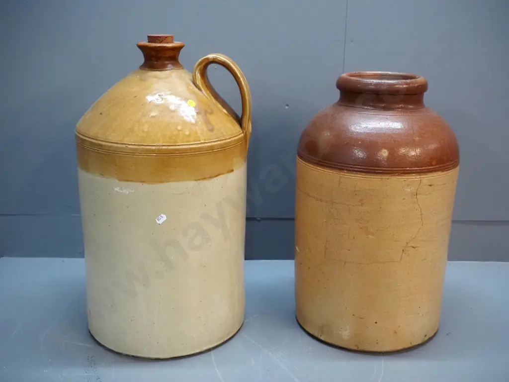 2 stoneware crocks - Royal Doulton Lambeth No. 5 handled narrow neck H-550 D300 & a wide mouth with prominent crack Image 1++