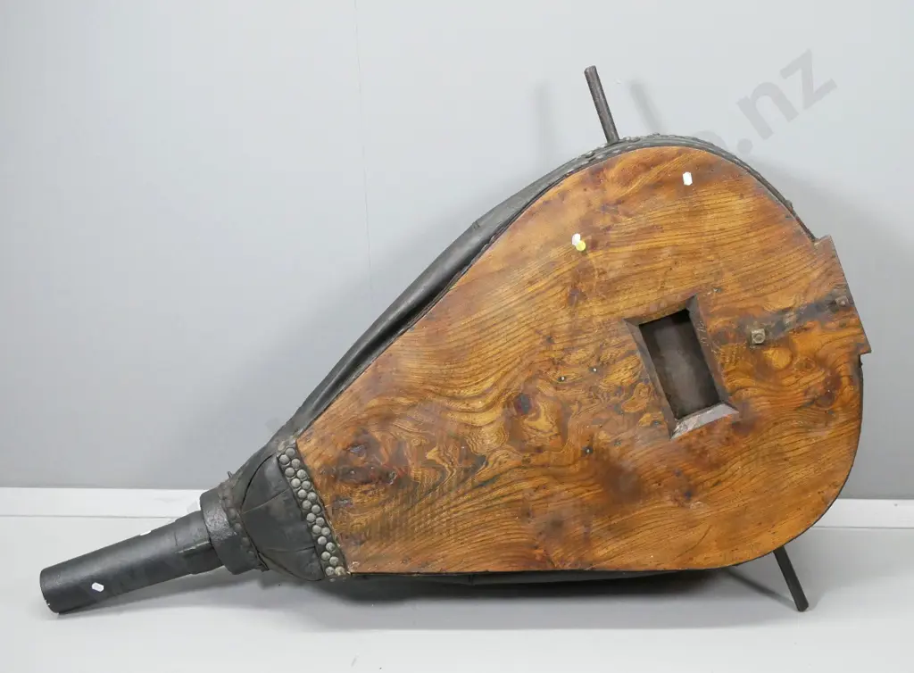 vintage large oak and studded leather forge bellows and separate nozzle L1200 W900 Image 1++