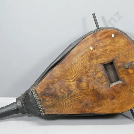 vintage large oak and studded leather forge bellows and separate nozzle L1200 W900