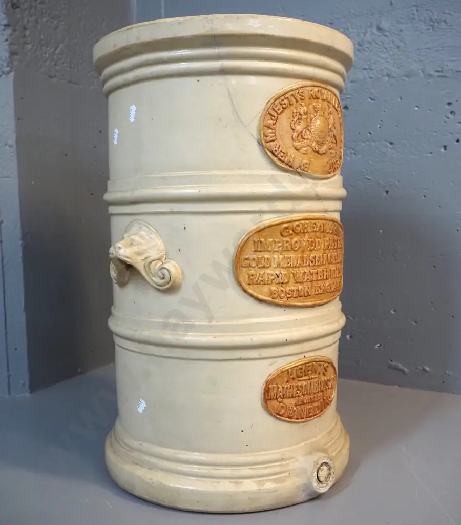 vintage large water filter with wooden lid - G.G. Cheavins, Matheson Bros. Dunedin agent - large crack, wooden knob is Image 1++
