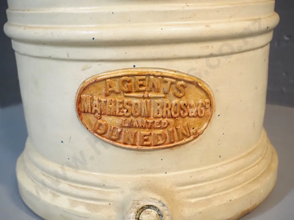 vintage large water filter with wooden lid - G.G. Cheavins, Matheson Bros. Dunedin agent - large crack, wooden knob is Image 1++