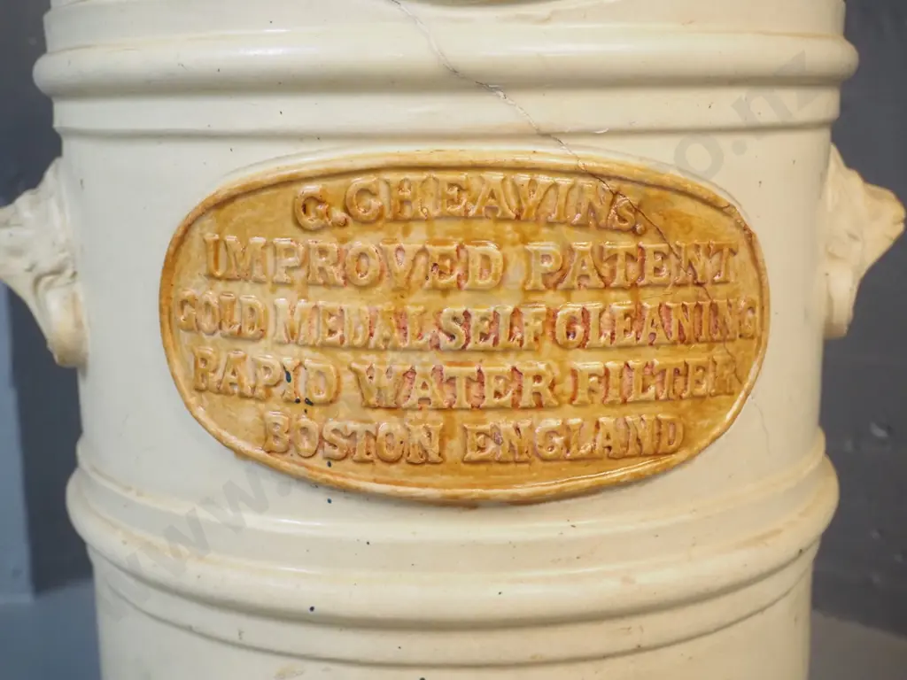 vintage large water filter with wooden lid - G.G. Cheavins, Matheson Bros. Dunedin agent - large crack, wooden knob is Image 1++