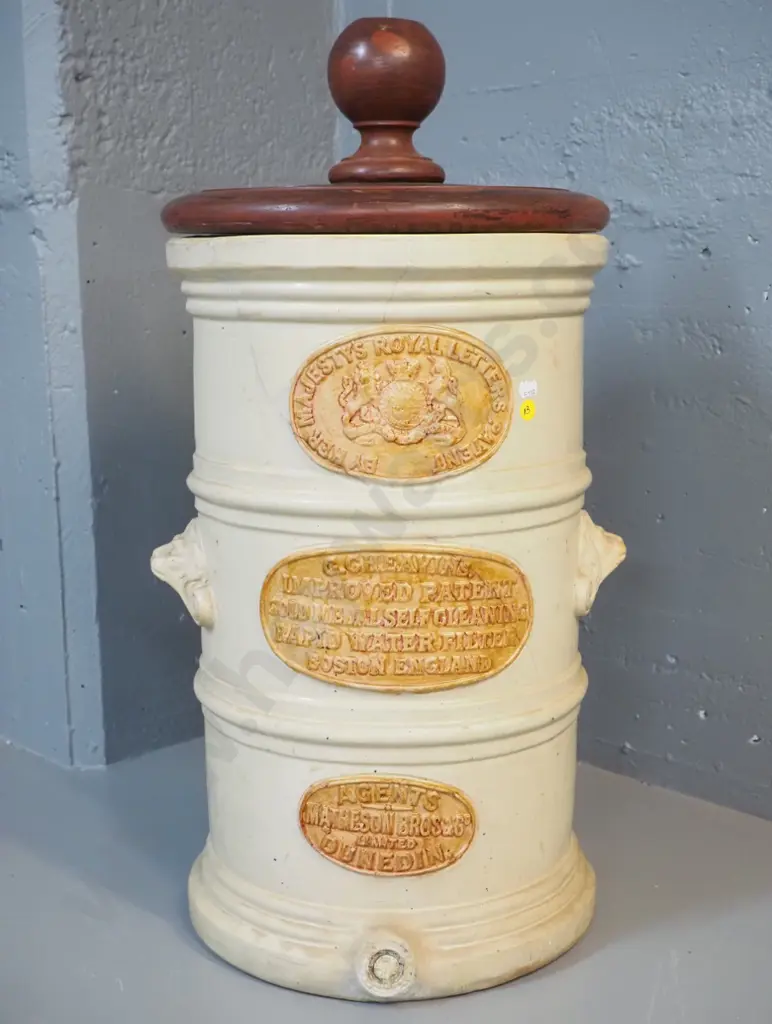 vintage large water filter with wooden lid - G.G. Cheavins, Matheson Bros. Dunedin agent - large crack, wooden knob is Image 1++