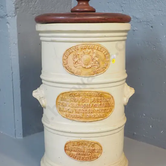 vintage large water filter with wooden lid - G.G. Cheavins, Matheson Bros. Dunedin agent - large crack, wooden knob is