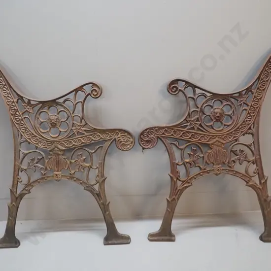 pair of Victorian style cast iron garden bench ends - light surface corrosion H740 D-600