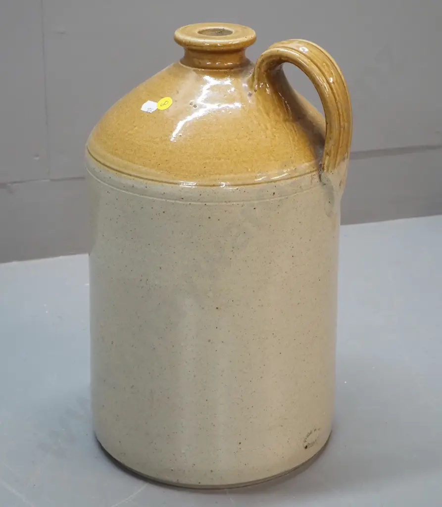 large narrow mouth stoneware crock with handle - marked Stour Ware Timaru H-410 D-250 Image 1++