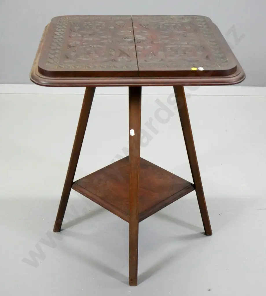chip-carved occasional table with lower shelf - split through top, base is wobbly H-690 W-550 D-550 Image 1++
