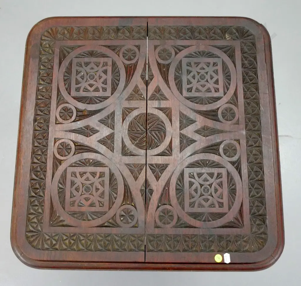 chip-carved occasional table with lower shelf - split through top, base is wobbly H-690 W-550 D-550 Image 1++