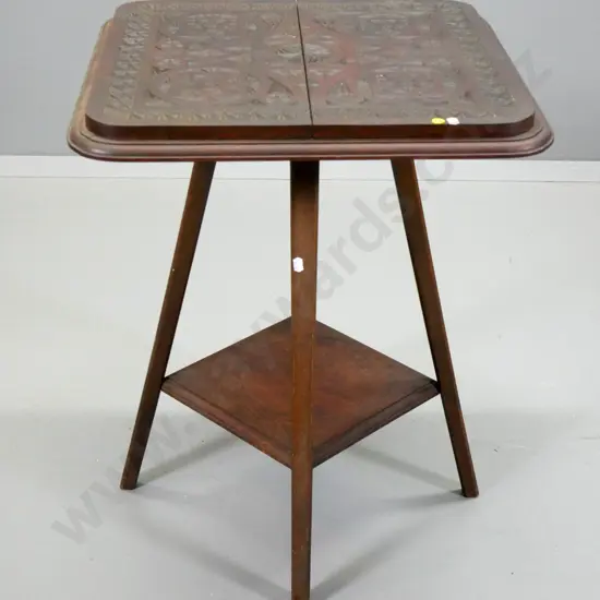 chip-carved occasional table with lower shelf - split through top, base is wobbly H-690 W-550 D-550