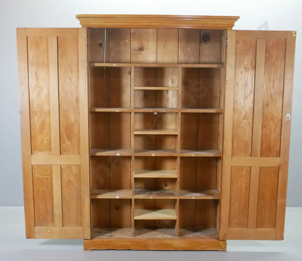 vintage rimu and pine 2-door office cabinet w/fixed shelves, brass knobs, no key - a few chips, borer  H2000 W1230 D-315 Image 1++