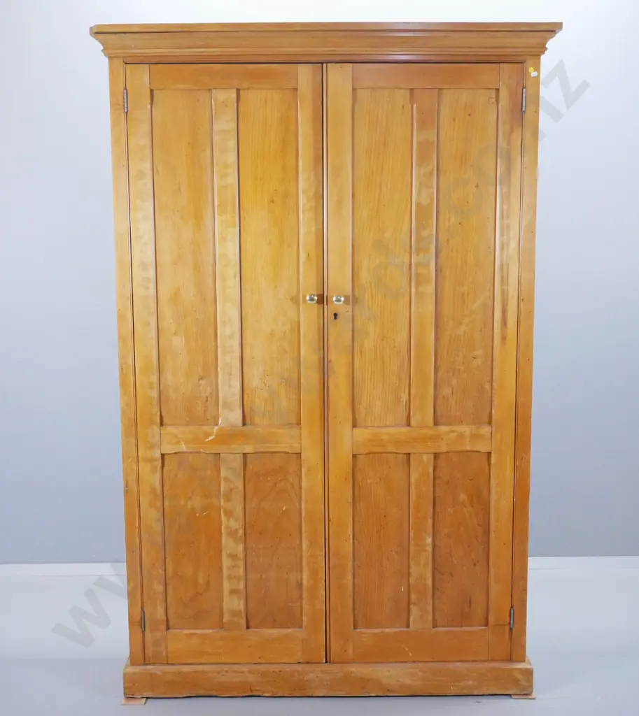 vintage rimu and pine 2-door office cabinet w/fixed shelves, brass knobs, no key - a few chips, borer  H2000 W1230 D-315 Image 1++