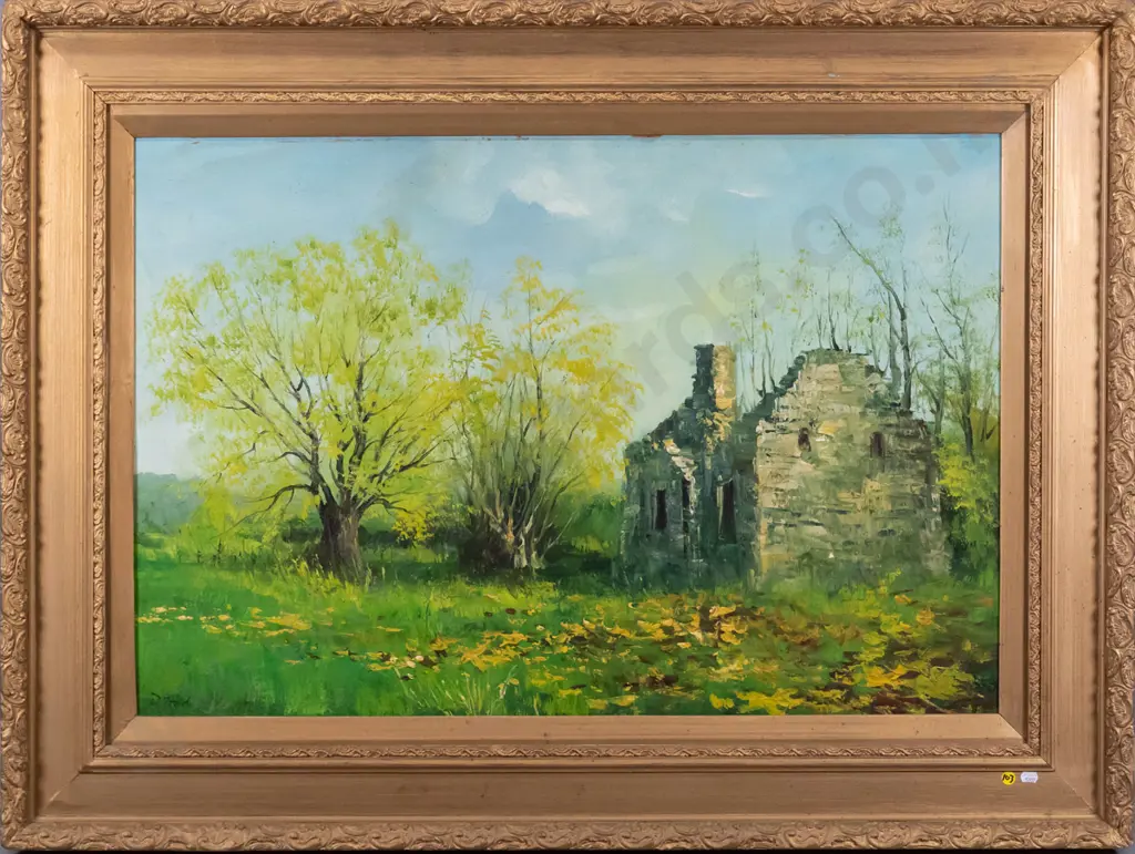 D Todd - gilt framed oil on board - derelict building H-590 W-890 Image 1++