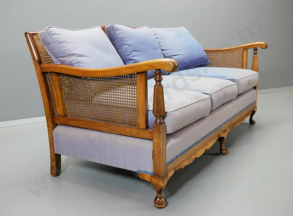 mahogany framed bergere 3-piece lounge suite - some fading to polish and to blue damask fabric - settee H800 L1640 D840 Image 1++