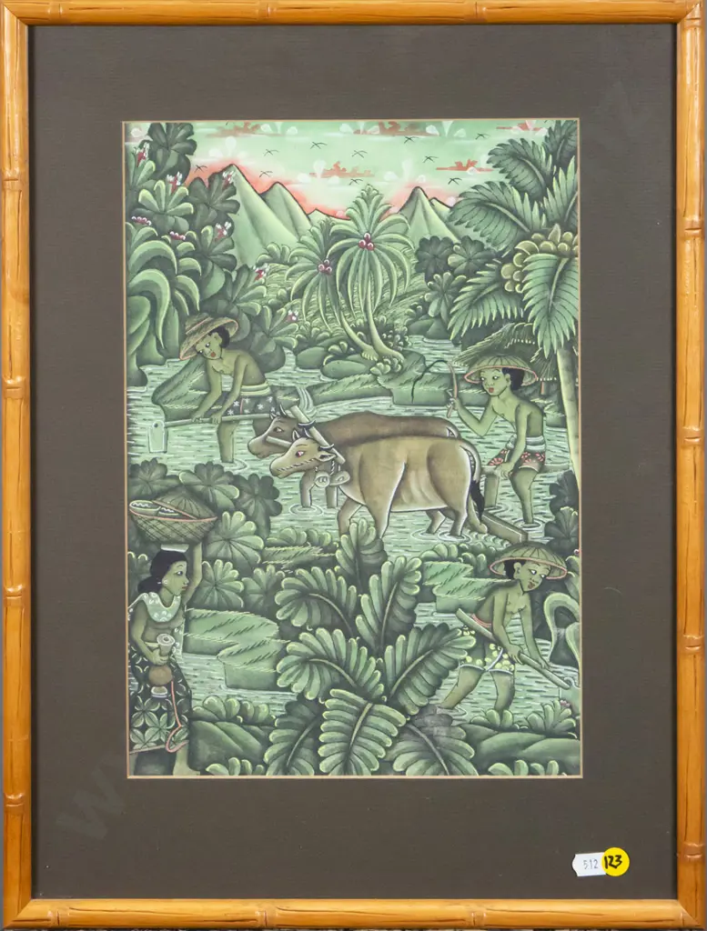 framed Sth East Asian watercolour  H-320 W-120 Image 1++