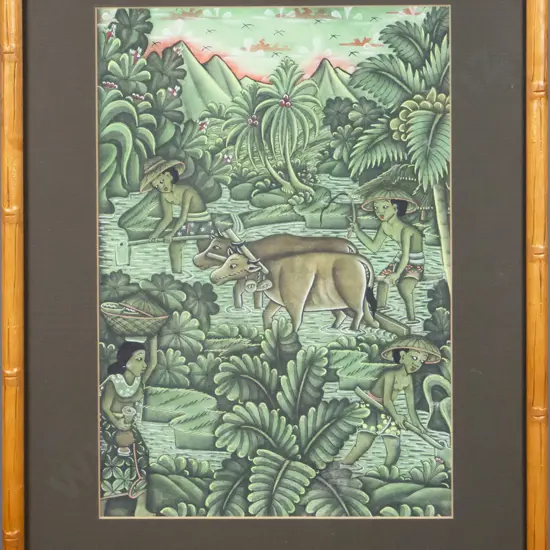 framed Sth East Asian watercolour  H-320 W-120