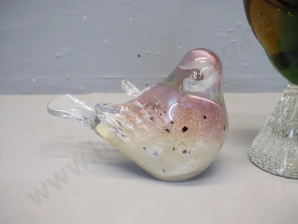 2 art glass bird figures - large heavy green, yellow and clear duck H-335 and a speckled and clear dove Image 1++