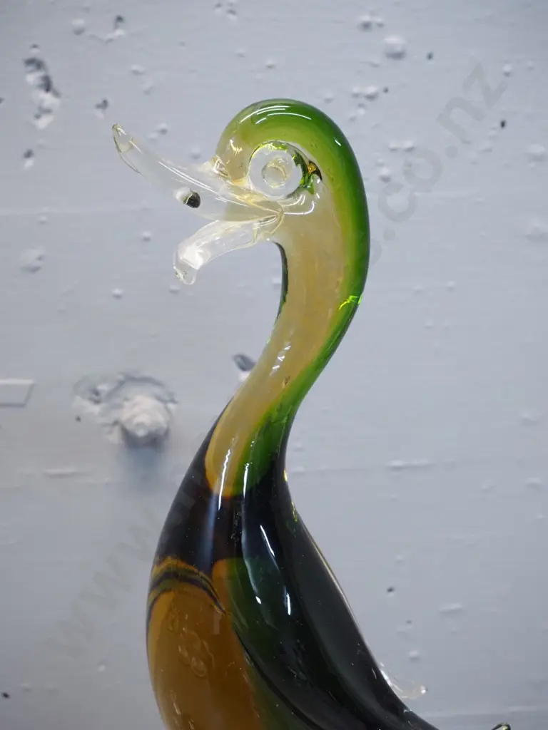 2 art glass bird figures - large heavy green, yellow and clear duck H-335 and a speckled and clear dove Image 1++