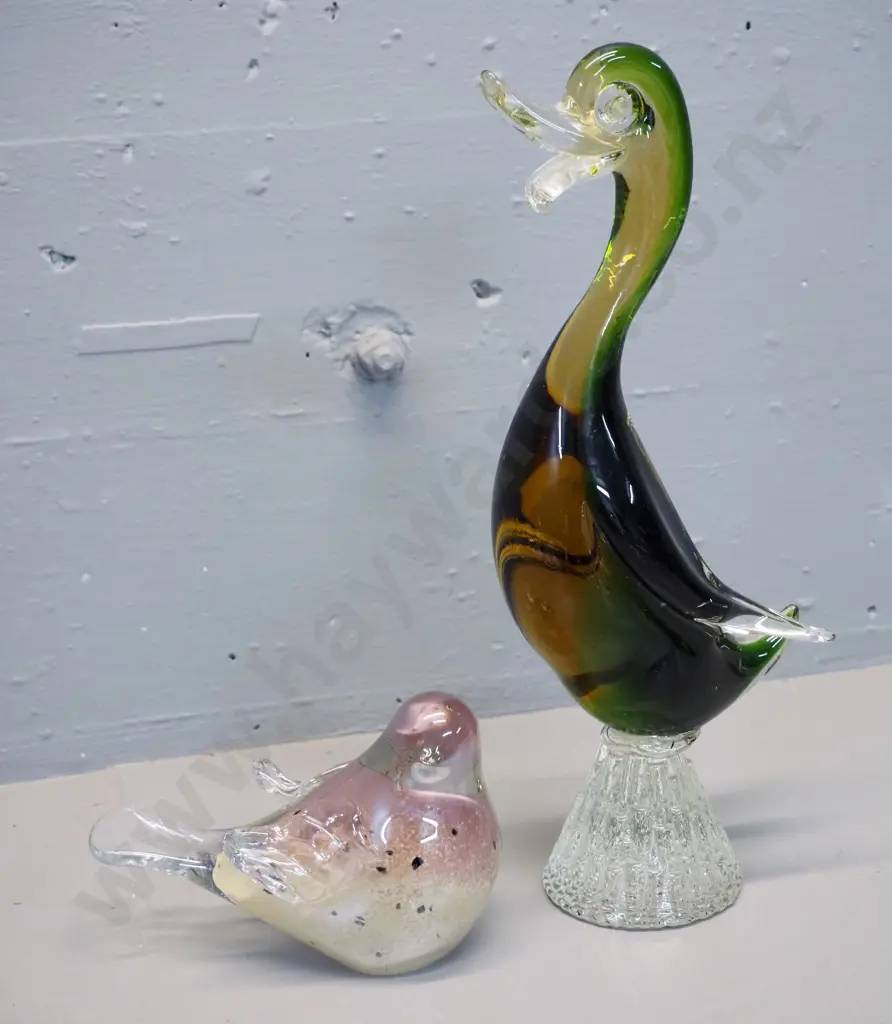 2 art glass bird figures - large heavy green, yellow and clear duck H-335 and a speckled and clear dove Image 1++