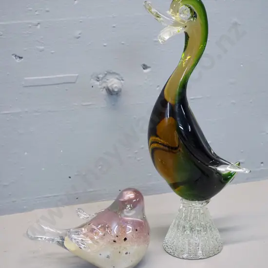 2 art glass bird figures - large heavy green, yellow and clear duck H-335 and a speckled and clear dove