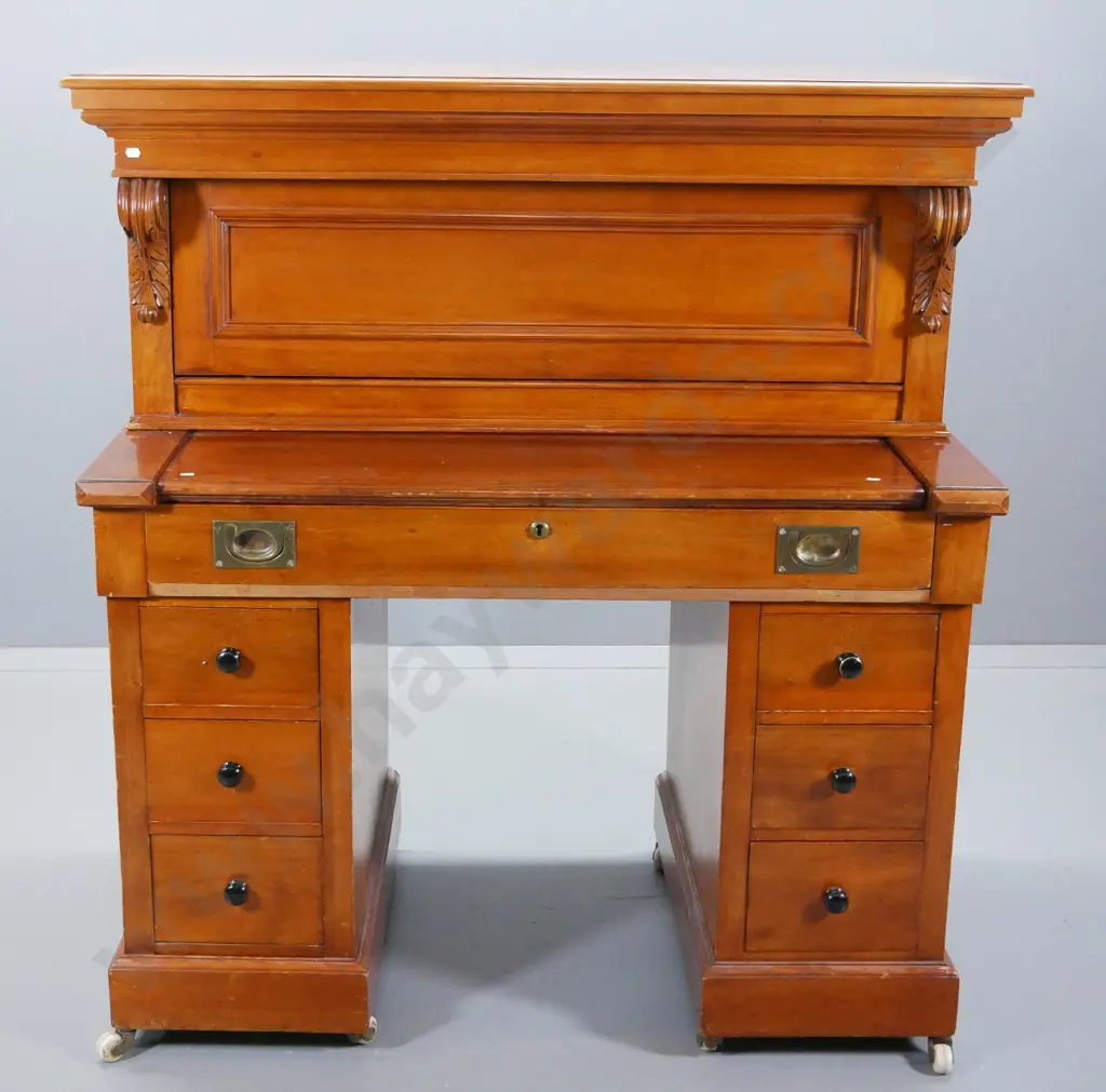 vintage kauri writing bureau w/linked mechanism for extending desk & opening top - campaign handles on desk front, part Image 1++