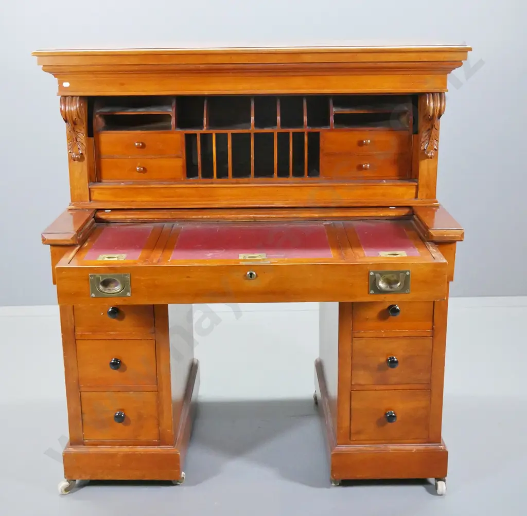 vintage kauri writing bureau w/linked mechanism for extending desk & opening top - campaign handles on desk front, part Image 1++