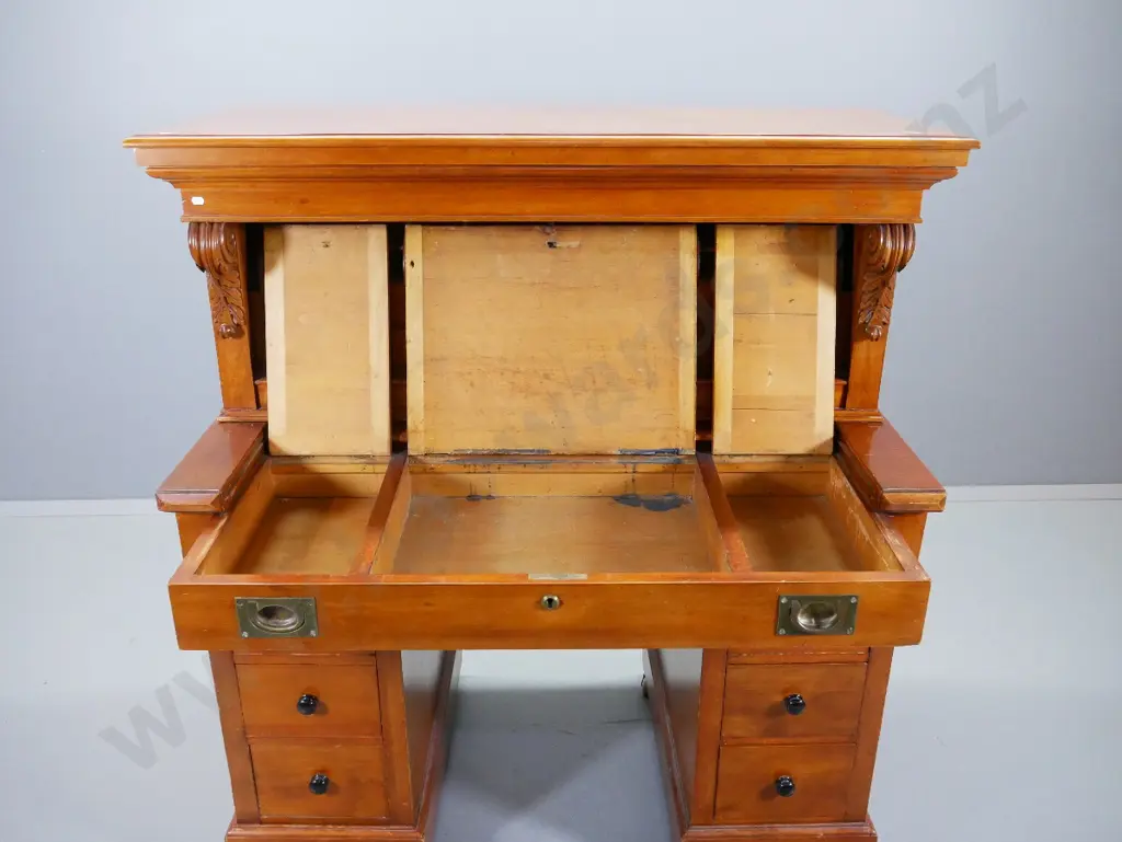 vintage kauri writing bureau w/linked mechanism for extending desk & opening top - campaign handles on desk front, part Image 1++