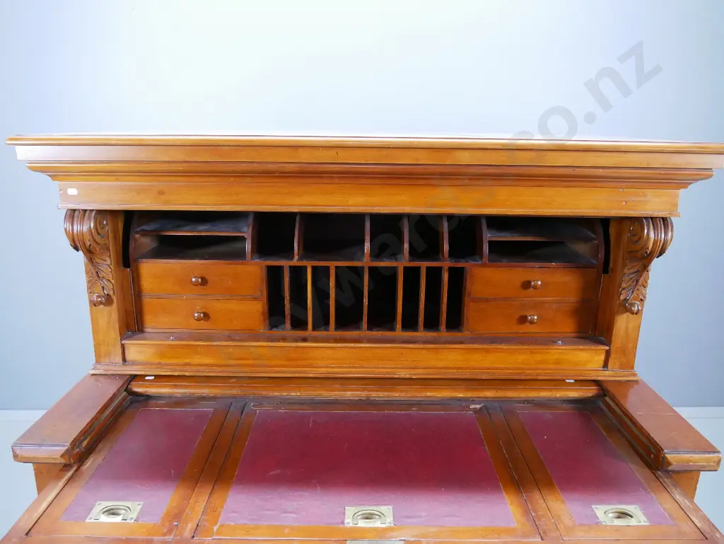 vintage kauri writing bureau w/linked mechanism for extending desk & opening top - campaign handles on desk front, part Image 1++