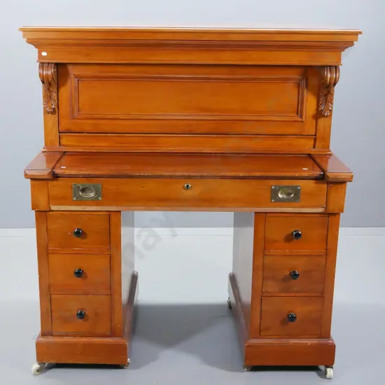 vintage kauri writing bureau w/linked mechanism for extending desk & opening top - campaign handles on desk front, part