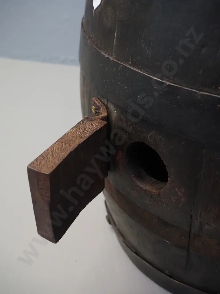 wooden barrel with engraved N. Strachan Dunedin brass tap, leather & wood flap on side - one loose strap H-440 D380- Image 1++