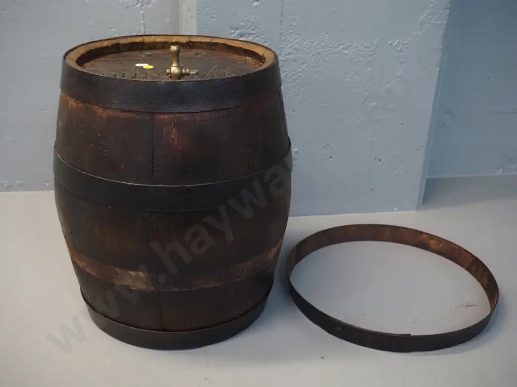 wooden barrel with engraved N. Strachan Dunedin brass tap, leather & wood flap on side - one loose strap H-440 D380- Image 1++